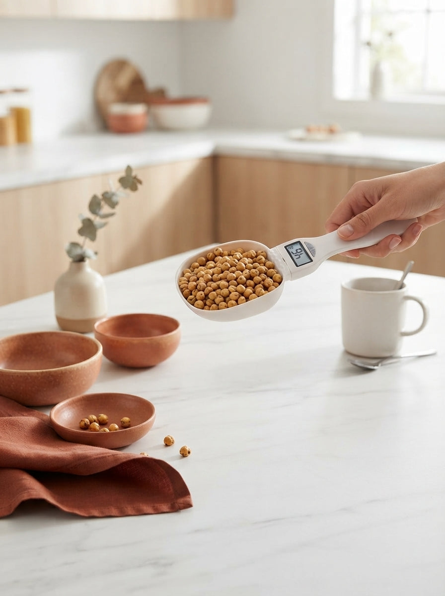 A person holding a digital measuring spoon with an LCD display over a marble countertop with terracotta kitchen accessories.
